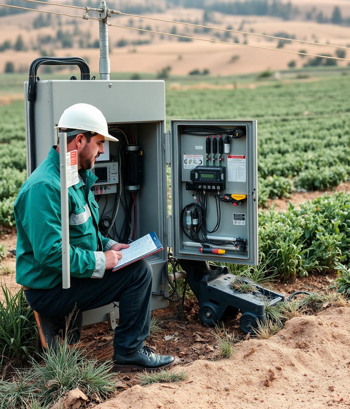 Electrical engineer inspecting a smart irrigation control cabinet in a field